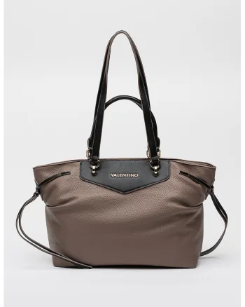 Geanta shopper din piele ecologica cu logo metalic, Maro taupe