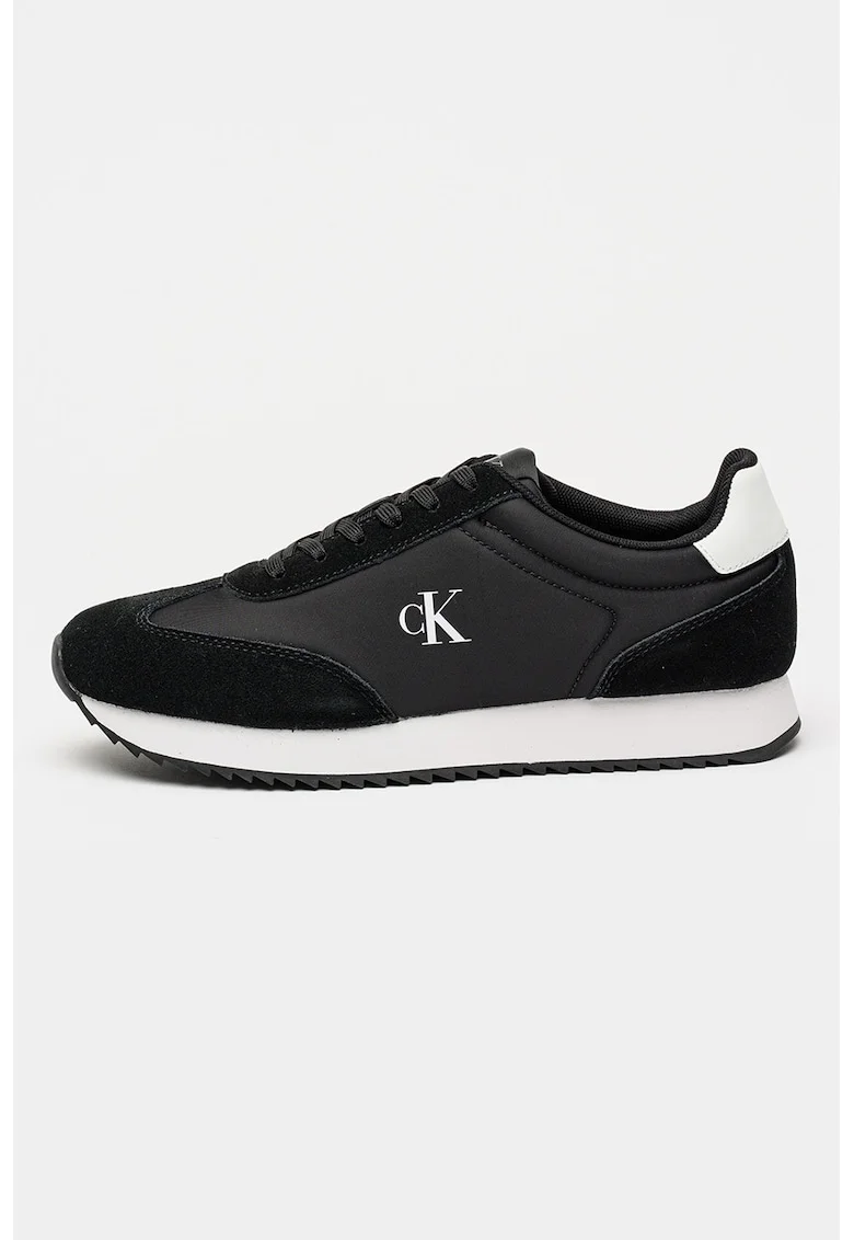 Pantofi sport low-cut cu garnituri de piele intoarsa, Negru/Alb optic