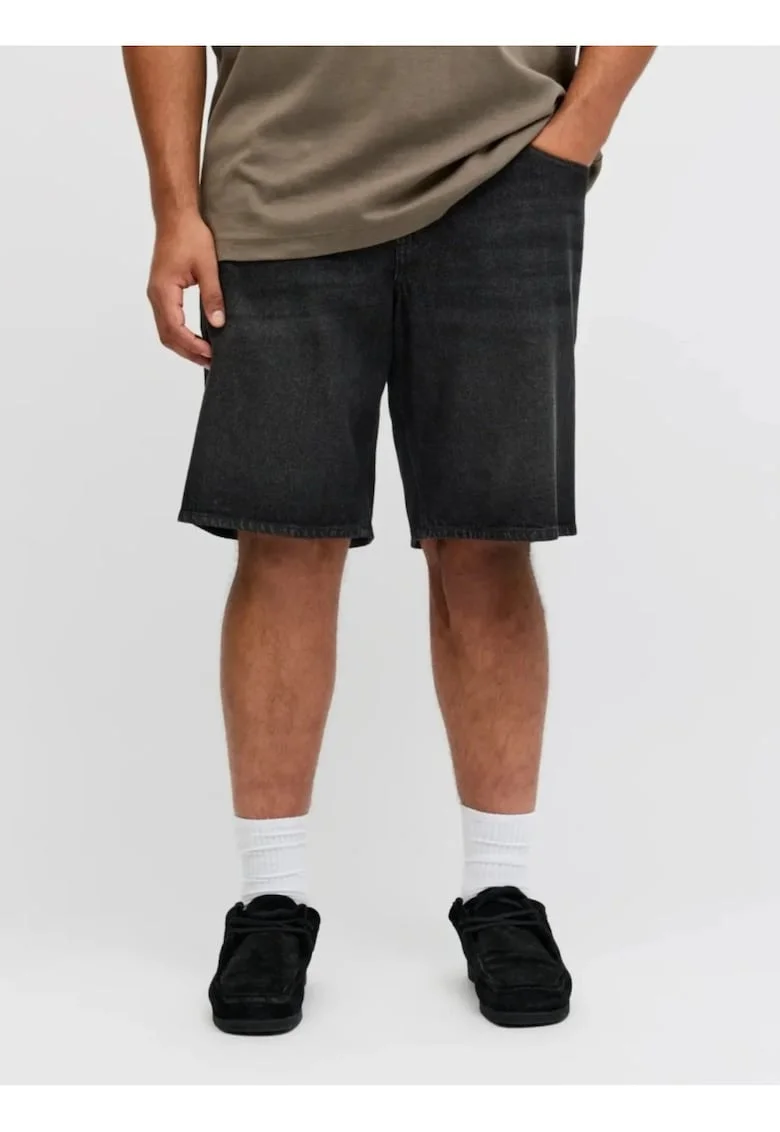 Plus Pantaloni scurti de blug barbati big sizes, cu talie inalta, din bumbac, Relaxed Fit, Tony, Negru, Negru