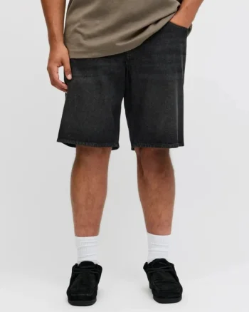 Plus Pantaloni scurti de blug barbati big sizes, cu talie inalta, din bumbac, Relaxed Fit, Tony, Negru, Negru