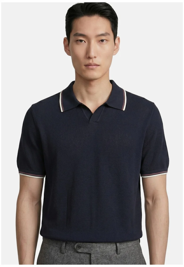 Tricou polo cu benzi contrastante, Bleumarin