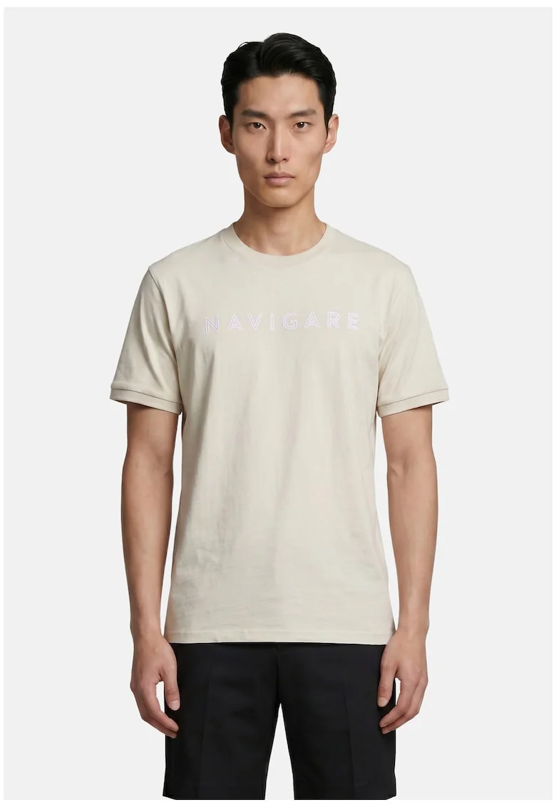 Tricou cu decolteu la baza gatului si logo, Bej