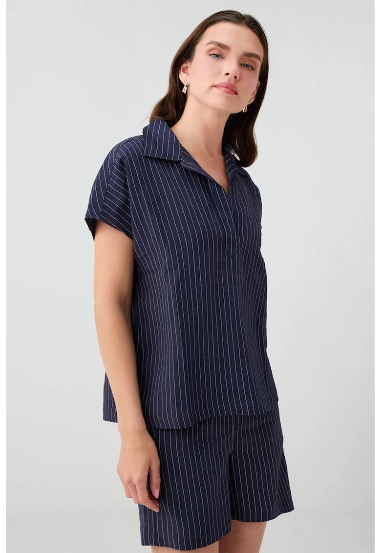 Tricou lejer cu dungi si decolteu in V, Albastru ultramarin