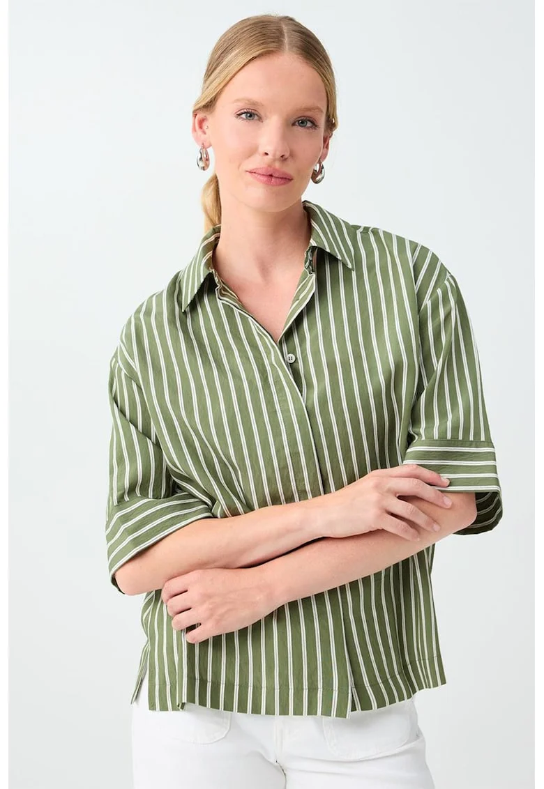 Camasa cu dungi si guler, Bej/Verde stins