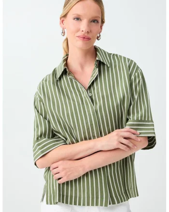 Camasa cu dungi si guler, Bej/Verde stins