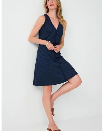 Rochie striata cu decolteu in V, Albastru ultramarin