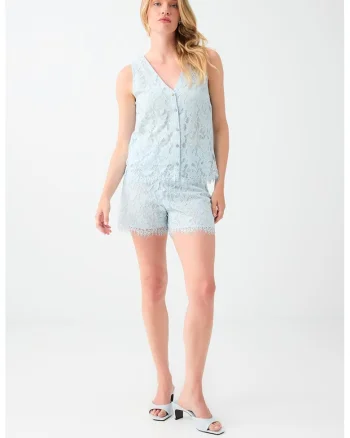 Pantaloni scurti de dantela cu talie inalta, Albastru lavanda