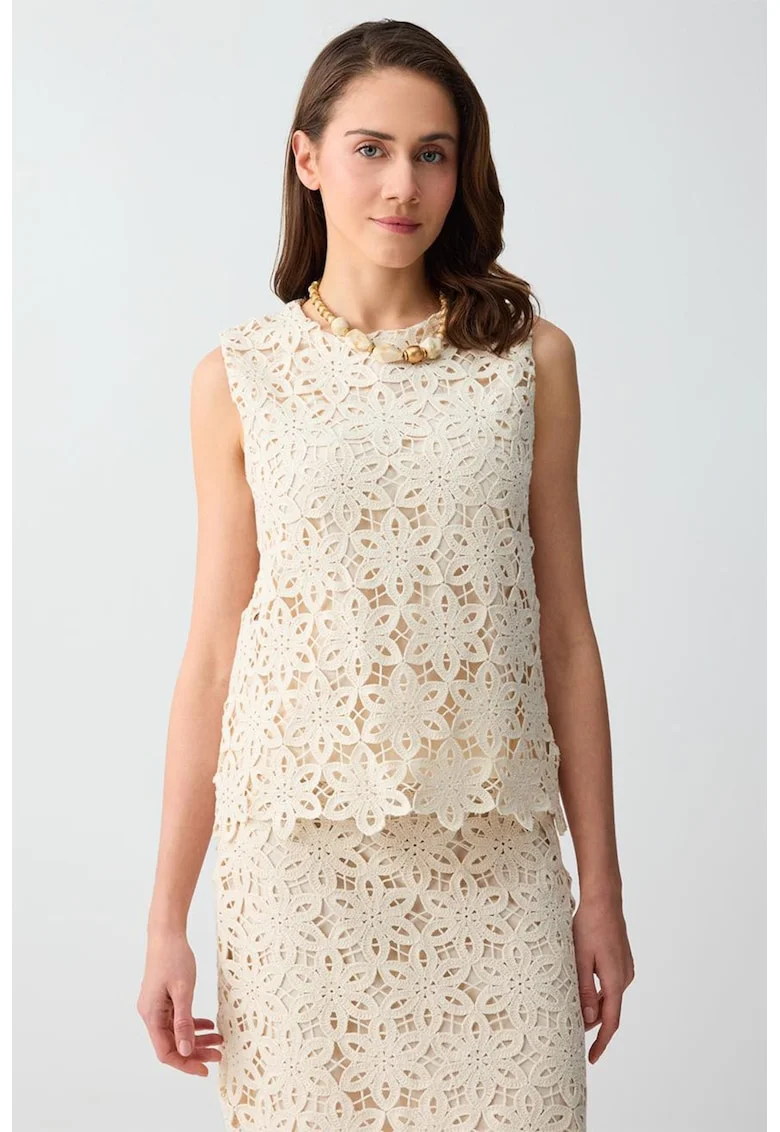 Bluza crosetata, fara maneci, cu model floral, Bej sampanie