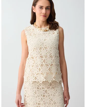 Bluza crosetata, fara maneci, cu model floral, Bej sampanie
