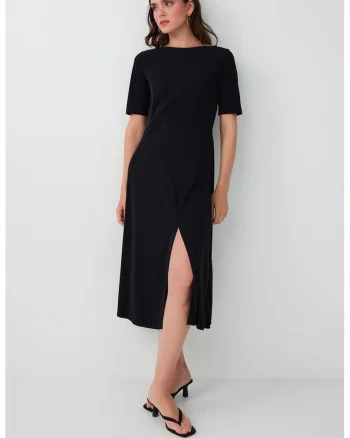 Rochie midi cu slit lateral, Negru