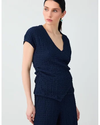 Bluza texturata cu decolteu in V si terminatie asimetrica, Albastru ultramarin
