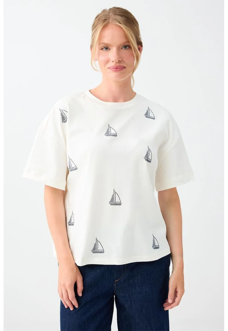 Tricou cu decolteu la baza gatului si model grafic, Alb murdar