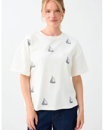 Tricou cu decolteu la baza gatului si model grafic, Alb murdar