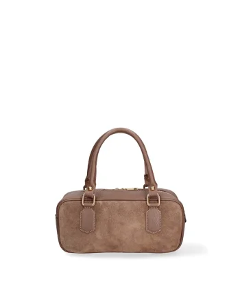 Geanta de piele intoarsa cu maner Seraphina Elite, Maro taupe