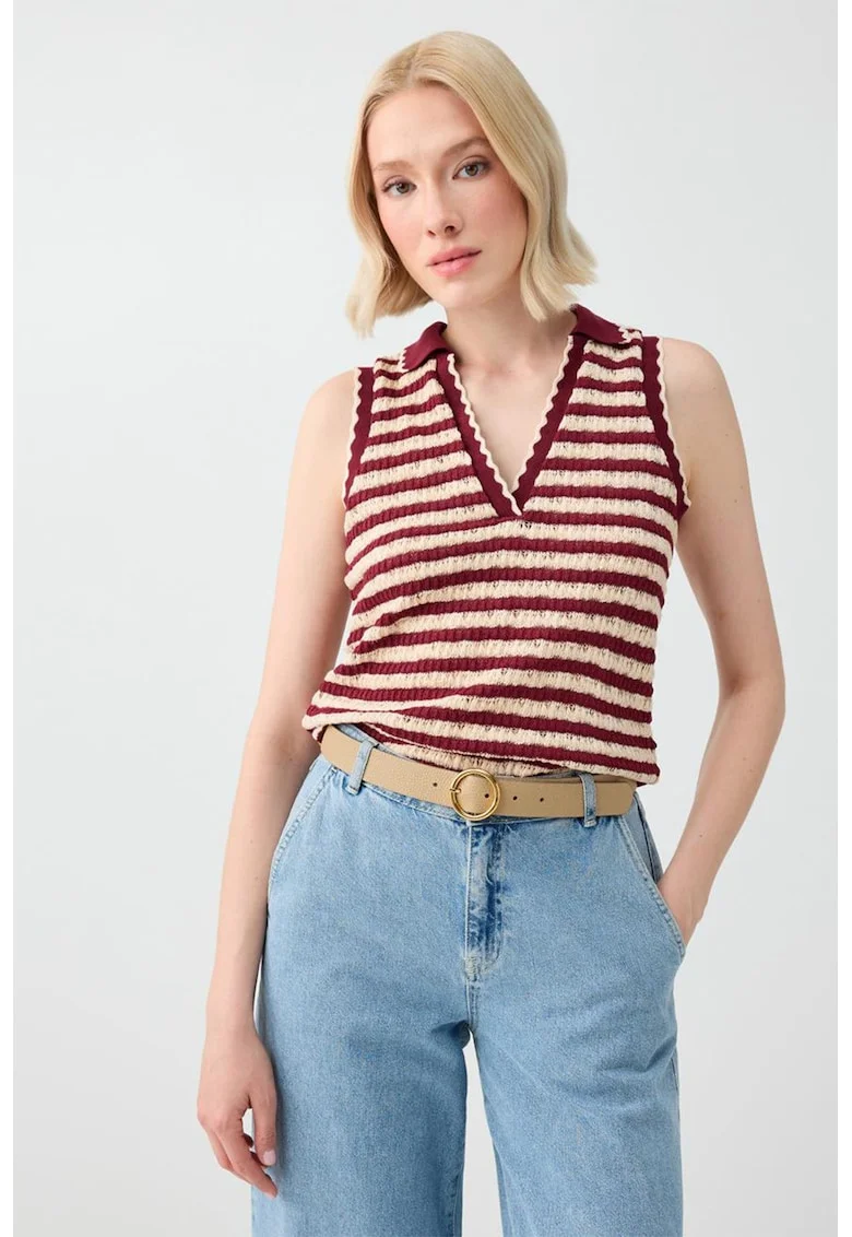 Bluza polo tricotata, Rosu inchis/Crem