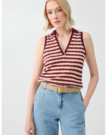 Bluza polo tricotata, Rosu inchis/Crem