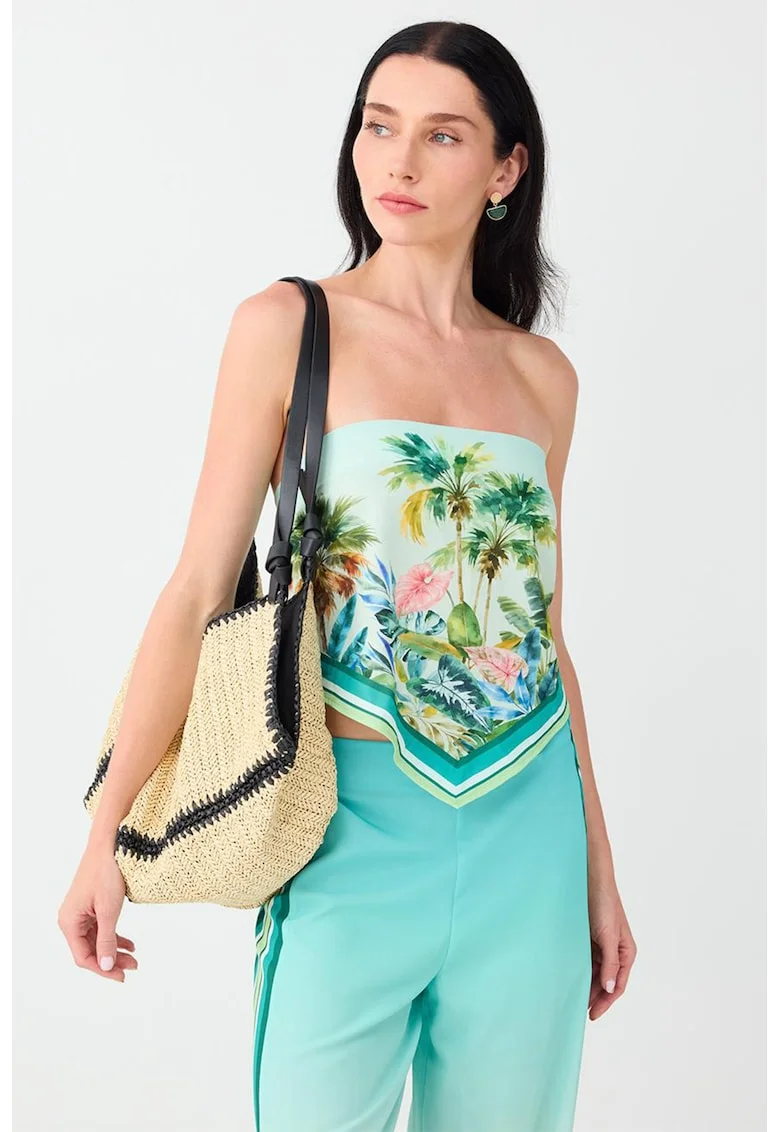 Bluza de satin cu model tropical , fara maneci, Verde menta/Verde fistic