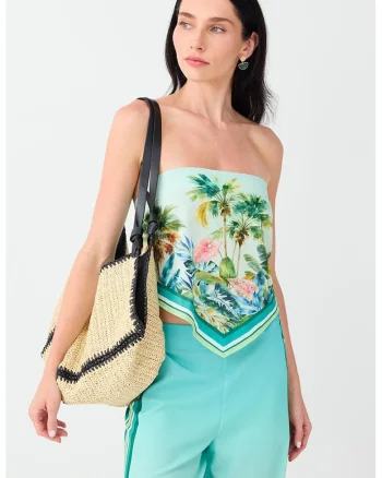 Bluza de satin cu model tropical , fara maneci, Verde menta/Verde fistic