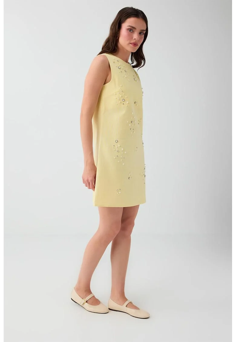 Rochie din amestec de in cu decoratii, Galben pastel