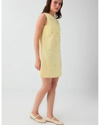 Rochie din amestec de in cu decoratii, Galben pastel
