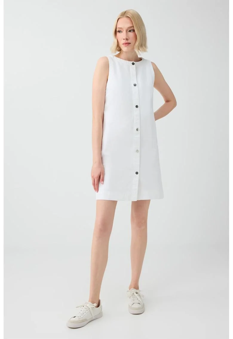 Rochie mini din denim, fara maneci, Alb optic