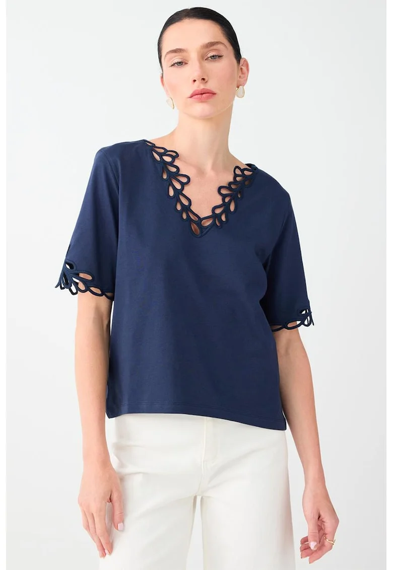 Bluza cu maneci scurte, decolteu in V si broderie, Bleumarin
