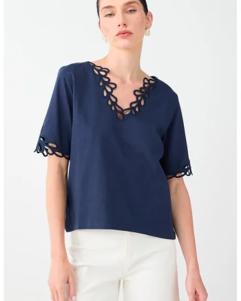 Bluza cu maneci scurte, decolteu in V si broderie, Bleumarin