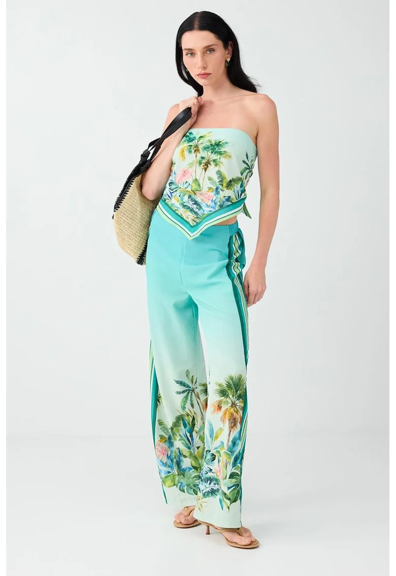 Pantaloni evazati cu model tropical, Verde turcoaz/Verde menta/Verde fistic