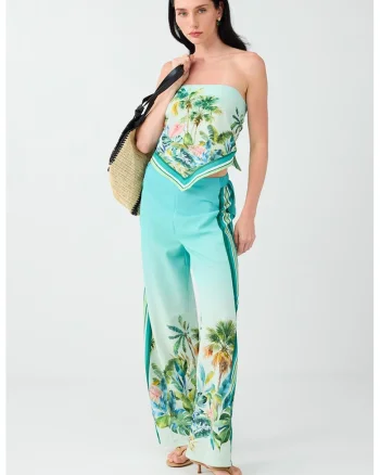 Pantaloni evazati cu model tropical, Verde turcoaz/Verde menta/Verde fistic