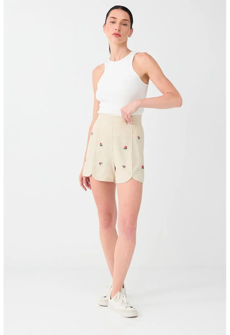 Pantaloni scurti din amestec de in cu talie inalta si model floral, Bej sampanie