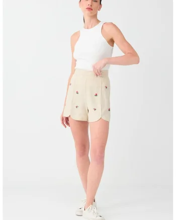 Pantaloni scurti din amestec de in cu talie inalta si model floral, Bej sampanie