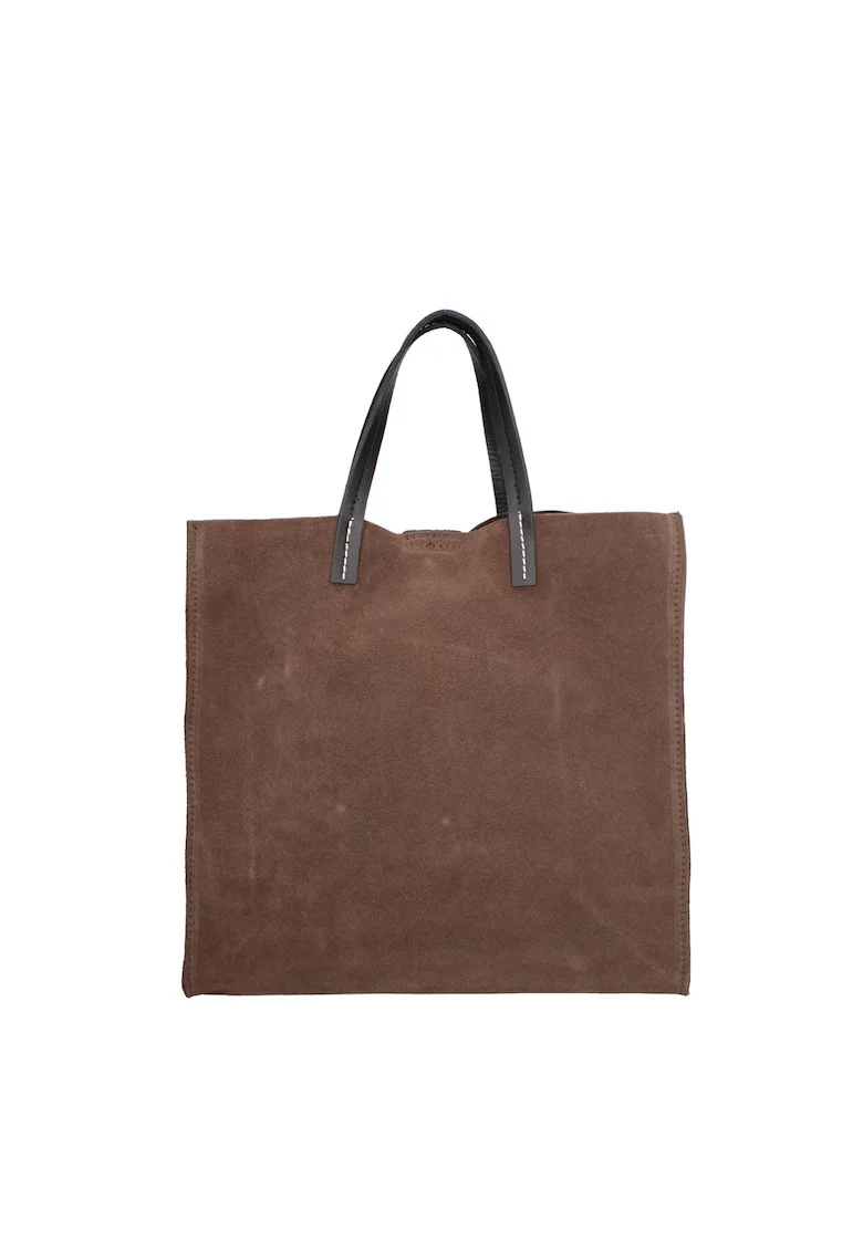 Set de geanta tote din piele intoarsa si etui Novara, Maro taupe