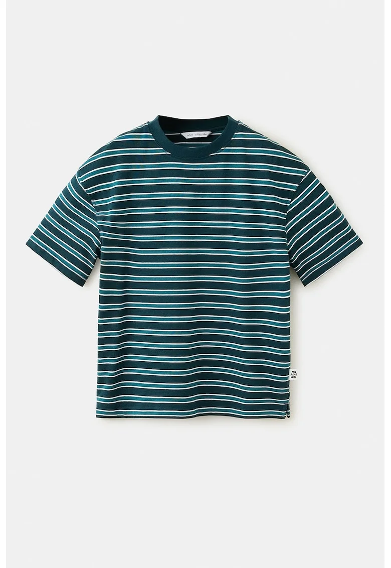 Tricou cu model in dungi si decolteu la baza gatului, Verde smarald/Alb murdar