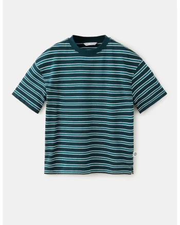 Tricou cu model in dungi si decolteu la baza gatului, Verde smarald/Alb murdar
