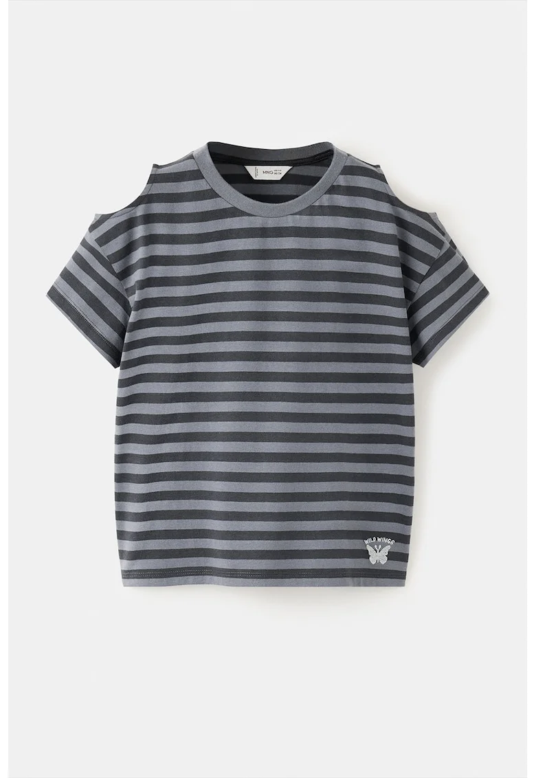 Tricou cu dungi si decolteu la baza gatului, Negru stins/Gri antracit