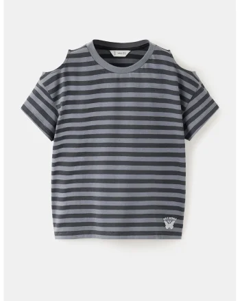 Tricou cu dungi si decolteu la baza gatului, Negru stins/Gri antracit