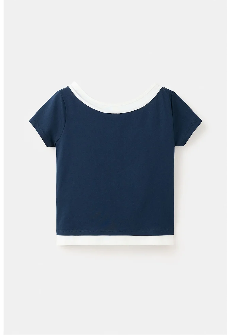 Tricou uni cu decolteu rotund, Alb optic/Bleumarin