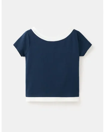 Tricou uni cu decolteu rotund, Alb optic/Bleumarin