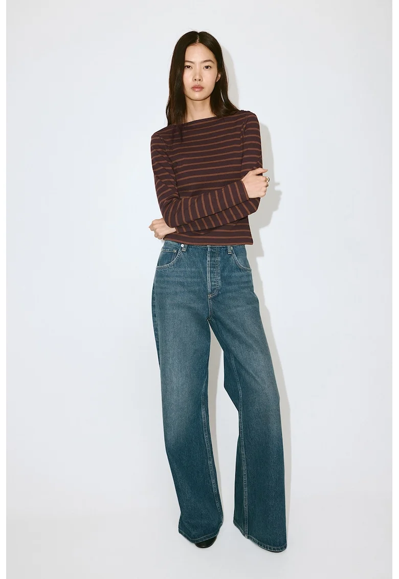 Bluza slim fit cu dungi si nasturi, Maro inchis