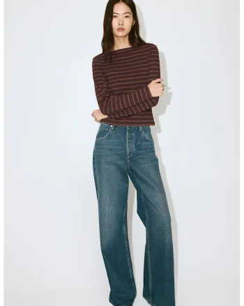 Bluza slim fit cu dungi si nasturi, Maro inchis