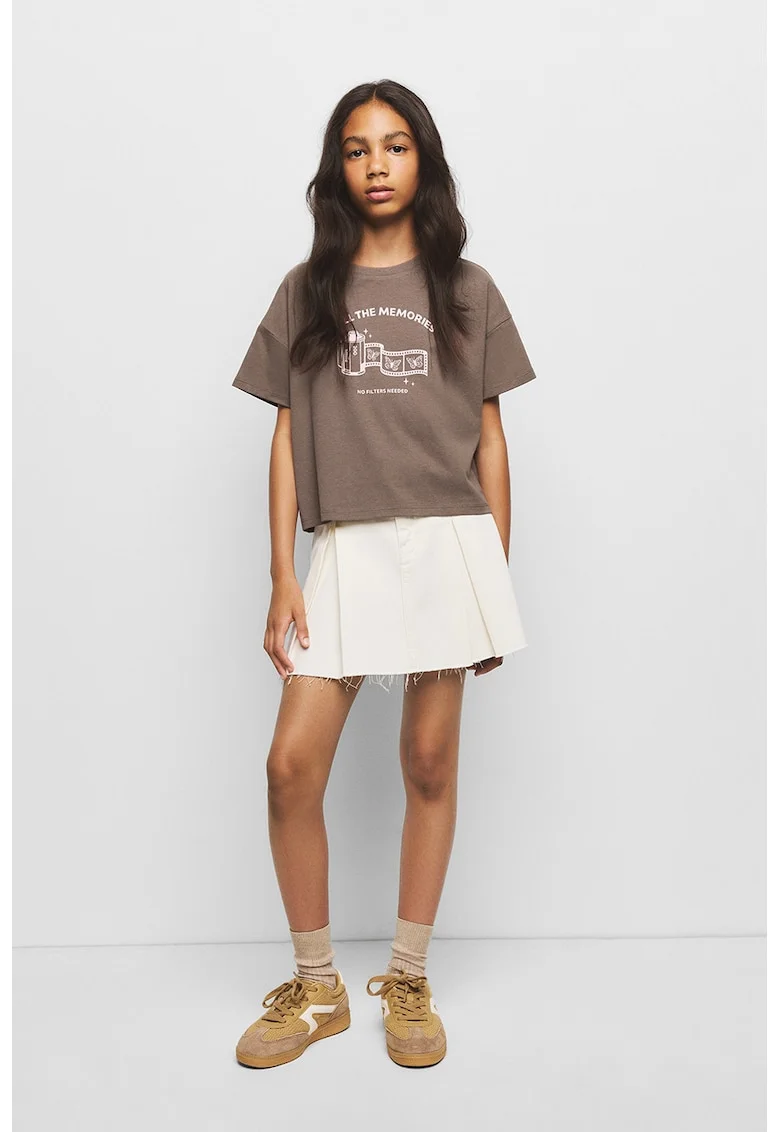 Tricou cu decolteu la baza gatului si imprimeu grafic, Bej inchis/Alb optic