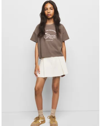 Tricou cu decolteu la baza gatului si imprimeu grafic, Bej inchis/Alb optic