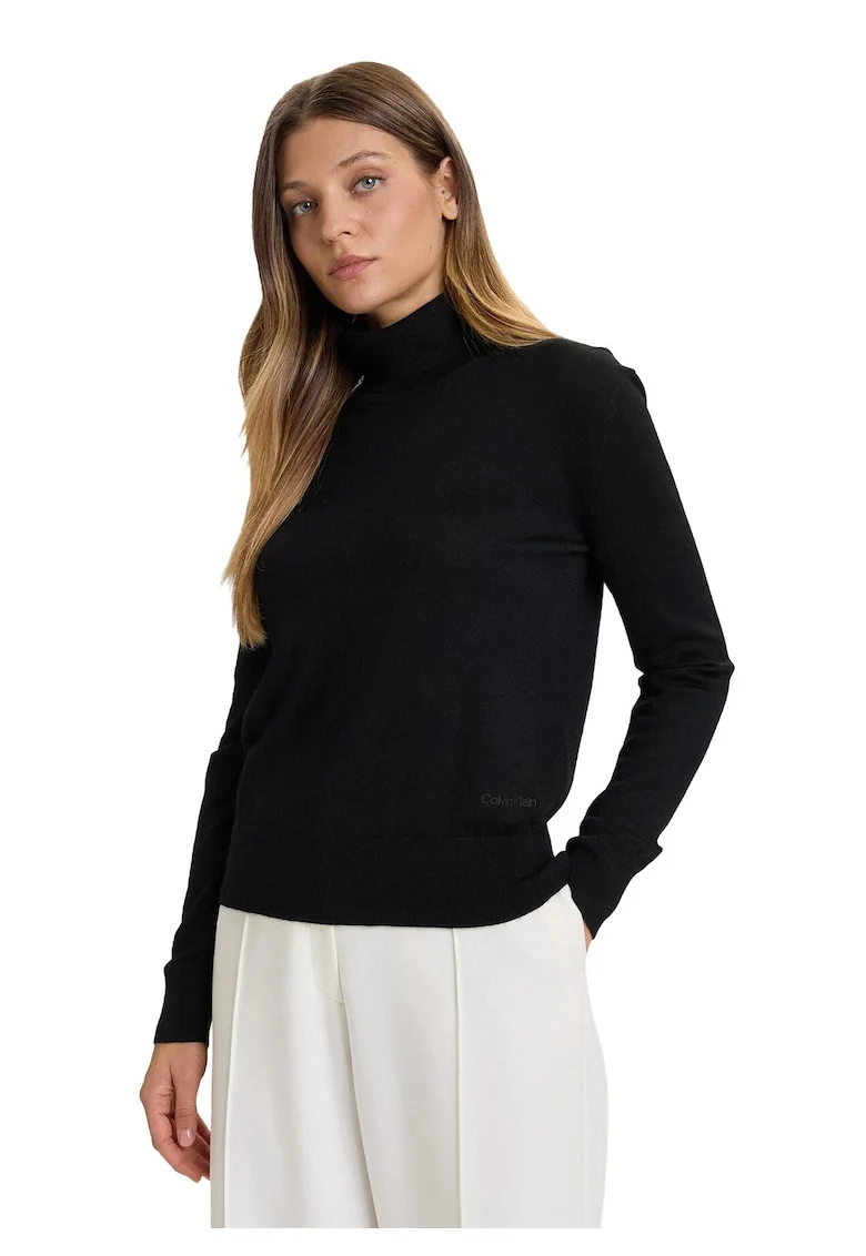Pulover din amestec de lana cu guler inalt, Negru