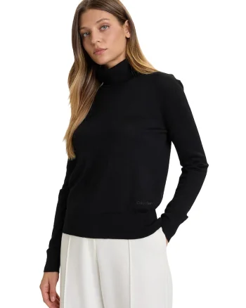 Pulover din amestec de lana cu guler inalt, Negru