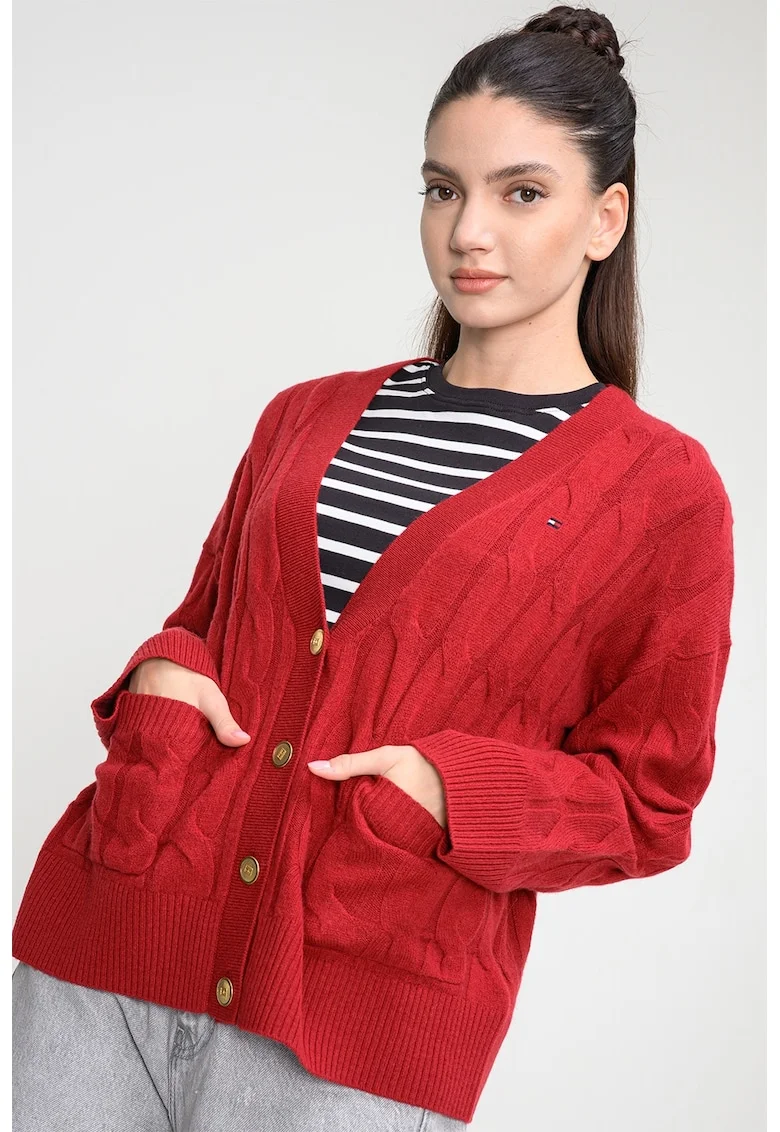 Cardigan din lana cu design torsade, Caramiziu
