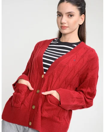 Cardigan din lana cu design torsade, Caramiziu