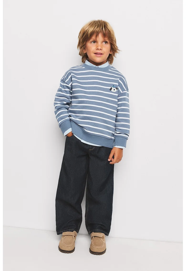 Bluza de trening cu dungi si broderie, Albastru pastel/Alb optic