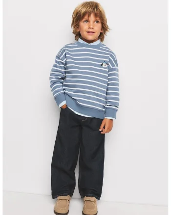Bluza de trening cu dungi si broderie, Albastru pastel/Alb optic