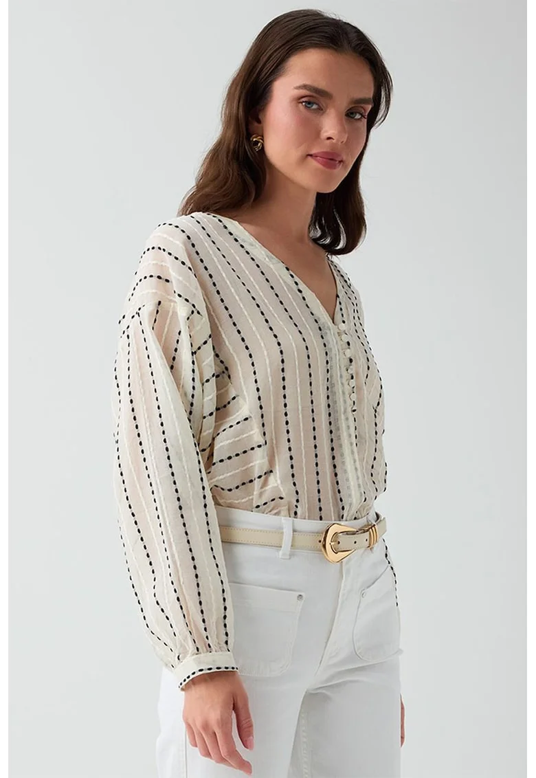 Bluza lejera de bumbac cu decolteu in V, Bej/Negru stins