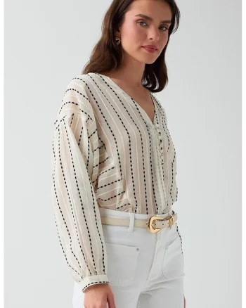 Bluza lejera de bumbac cu decolteu in V, Bej/Negru stins